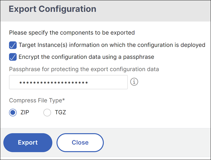 Export configuration pack