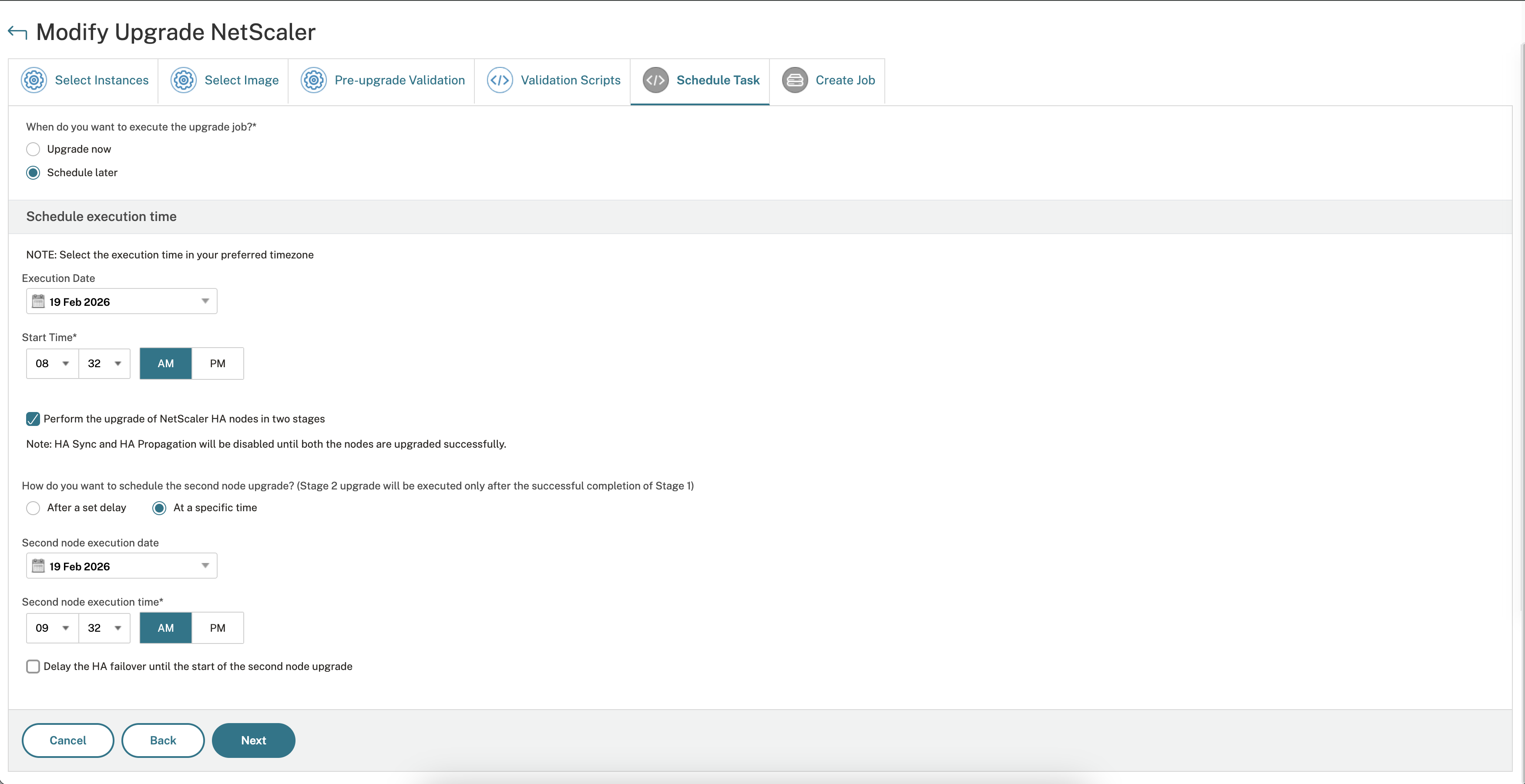 Schedule configuring HA pair of NetScaler instances