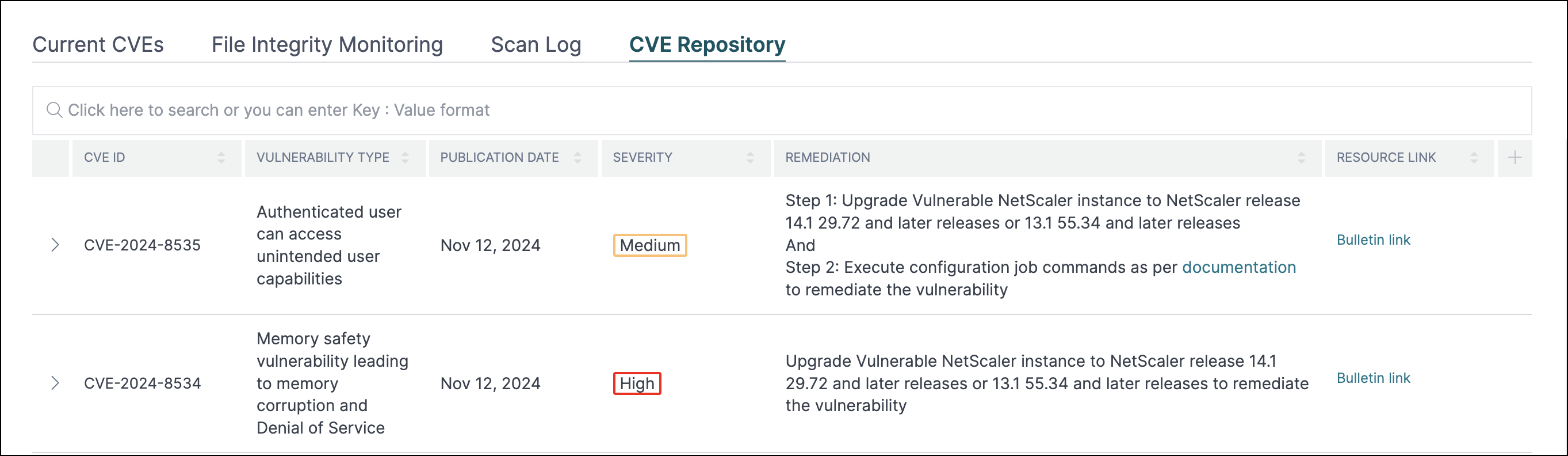 Security advisory dashboard for CVE-2024-8535