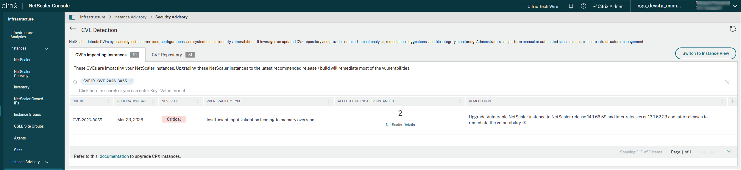 Security advisory dashboard for CVE-2026-3055