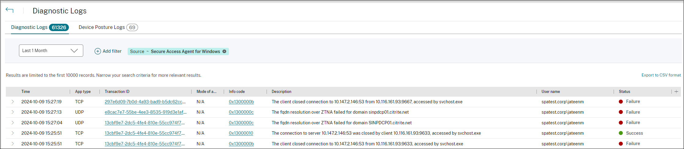 Citrix Secure Access diagnostics logs