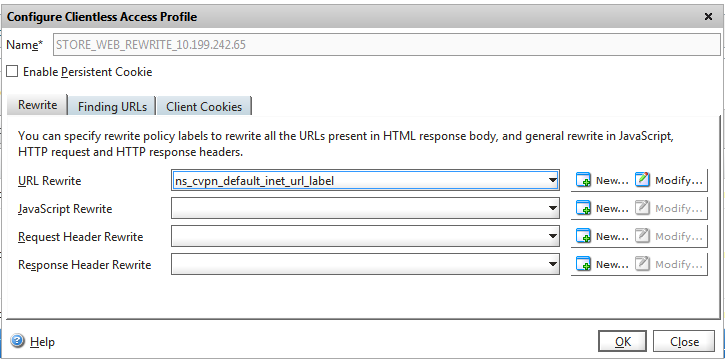 Clientless Access Profile URL Rewrite Label