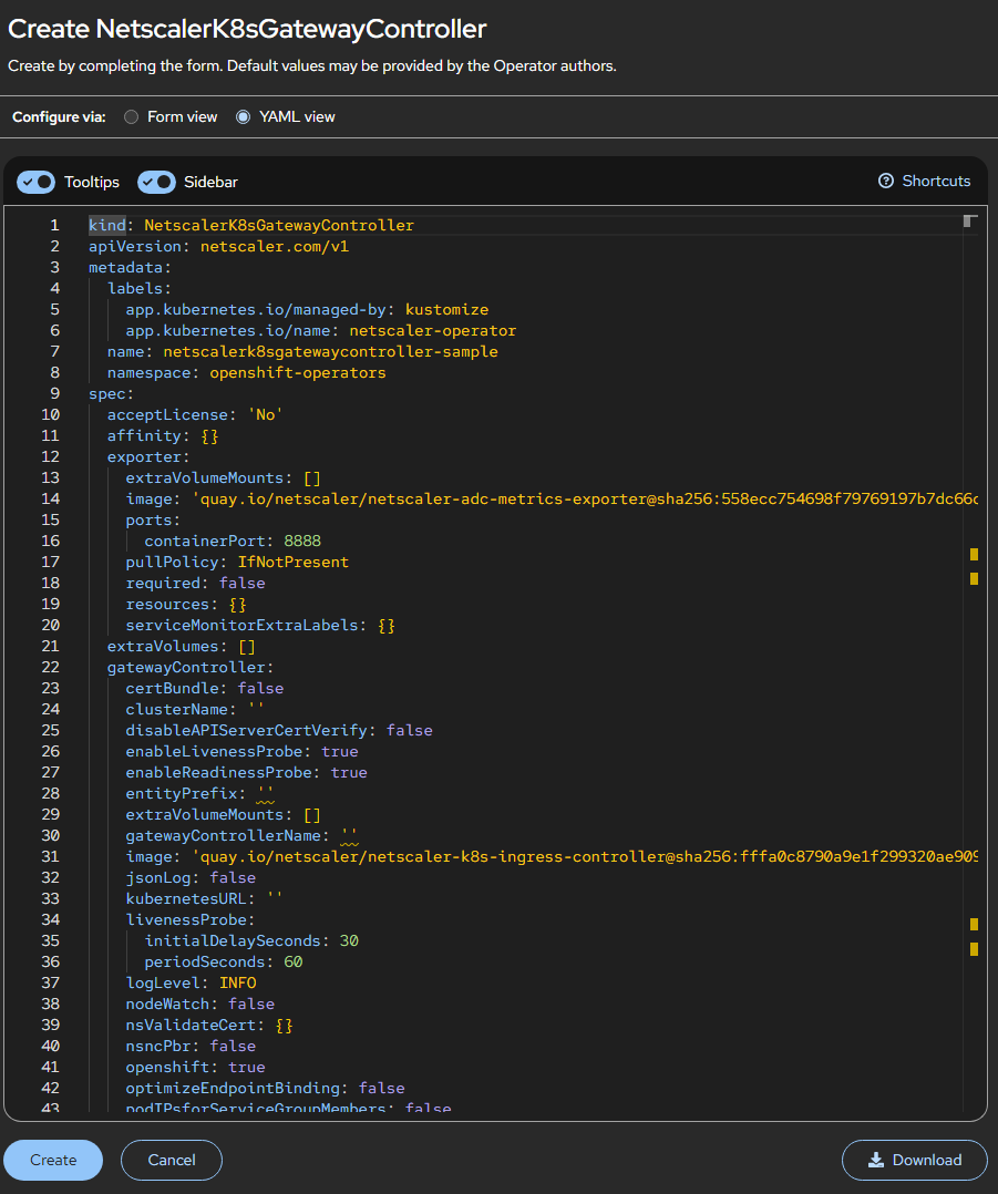 NetScaler Kubernetes Gateway Collector YAML definition