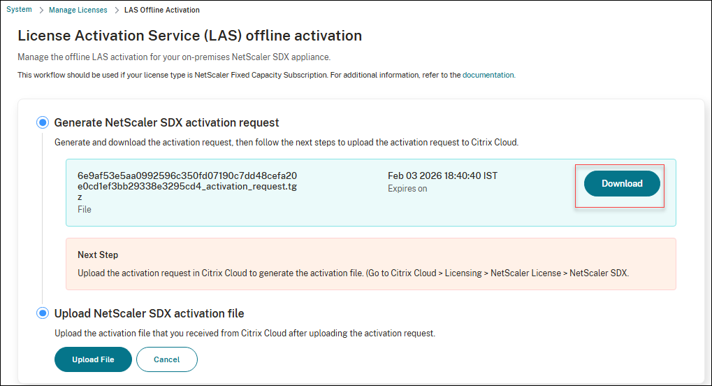 Download NetScaler offline activation request file