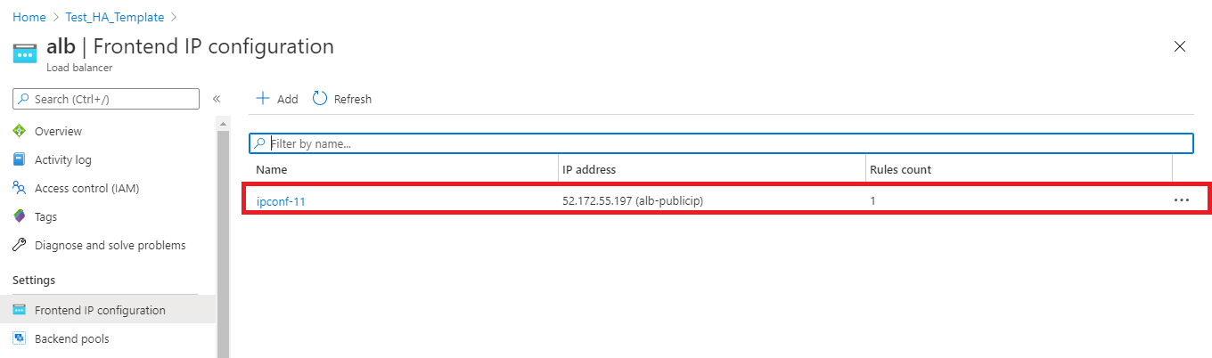 Configuración IP de front-end ALB