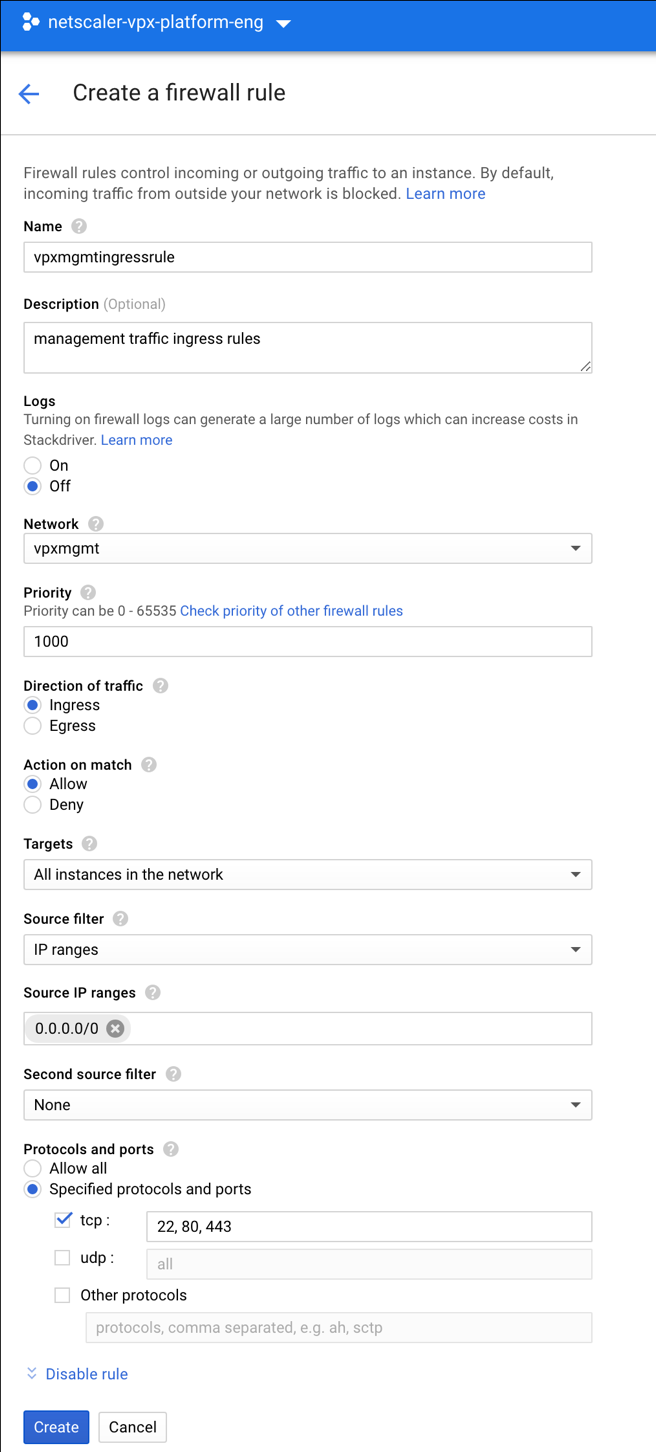 Reglas de firewall GCP para el caso