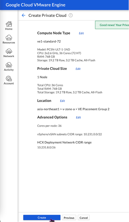 Revisar la configuración de la nube privada