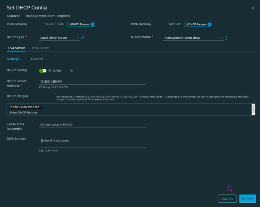 Définir la configuration DHCP