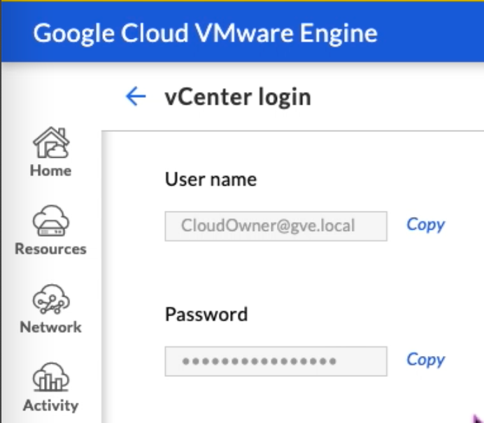 GCVE vCenter credentials