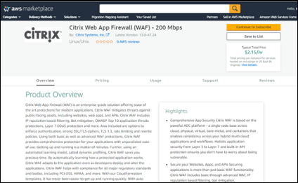 AWS Marketplace-Seite für eine NetScaler Web Application Firewall (Web App Firewall)