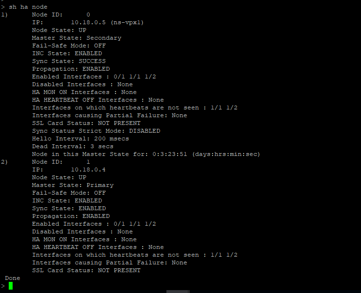 Show ha node CLI on the secondary node of ALB