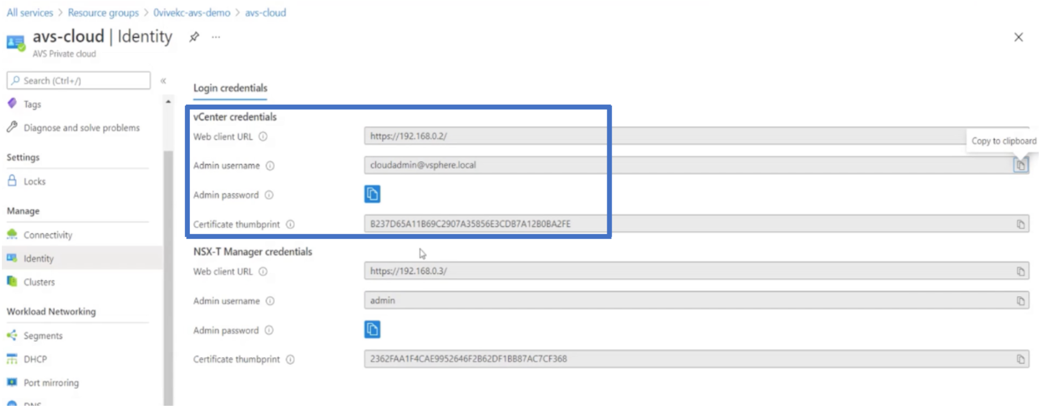 vCenter credentials